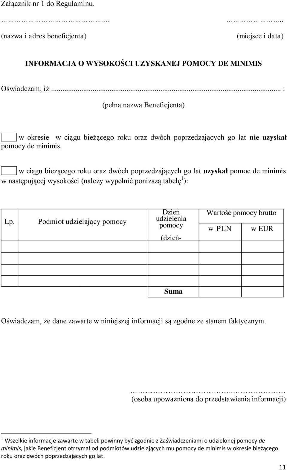 w ciągu bieżącego roku oraz dwóch poprzedzających go lat uzyskał pomoc de minimis w następującej wysokości (należy wypełnić poniższą tabelę 1 ): Lp.