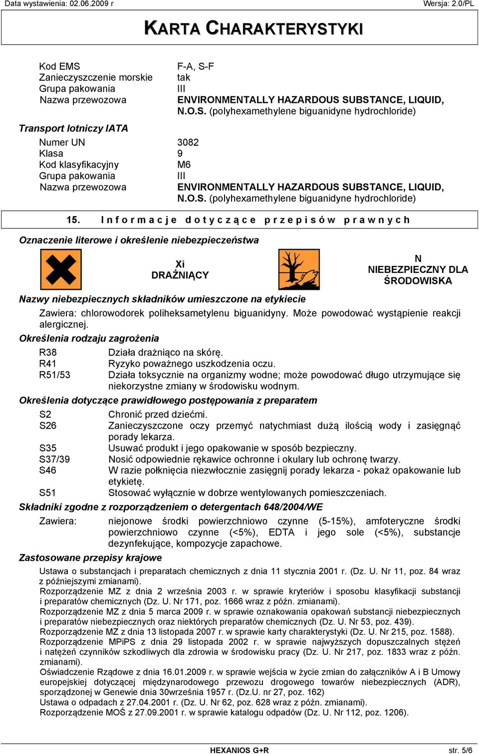 Informacje dotyczą ce przepisów prawnych Oznaczenie literowe i określenie niebezpieczeństwa Xi DRAŻNIĄCY N NIEBEZPIECZNY DLA ŚRODOWISKA Nazwy niebezpiecznych składników umieszczone na etykiecie