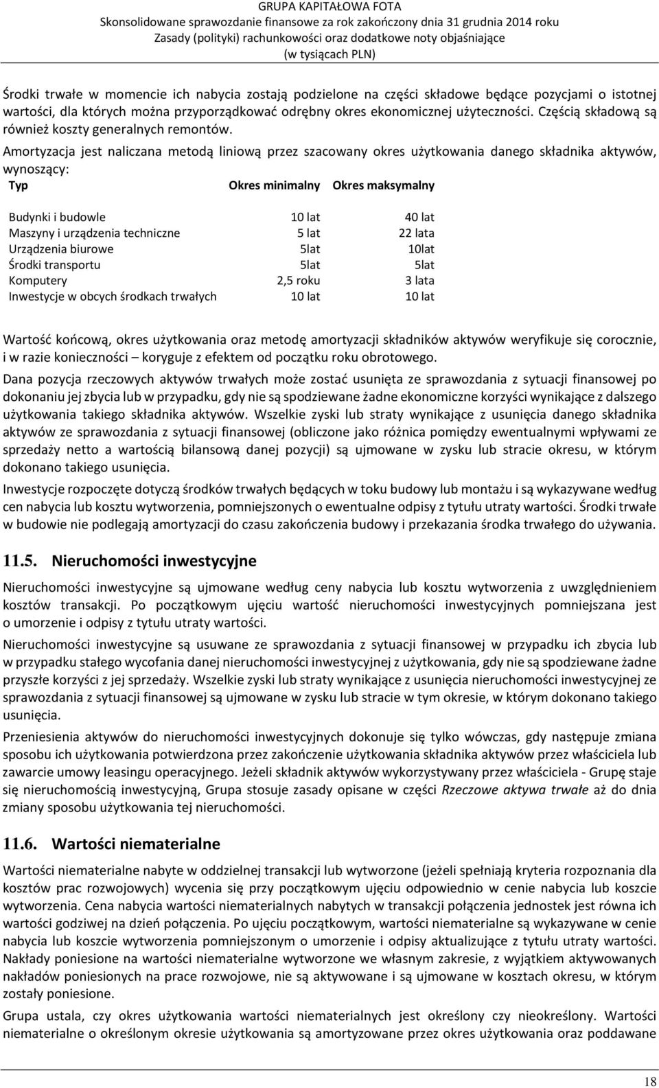 Amortyzacja jest naliczana metodą liniową przez szacowany okres użytkowania danego składnika aktywów, wynoszący: Typ Okres minimalny Okres maksymalny Budynki i budowle 10 lat 40 lat Maszyny i