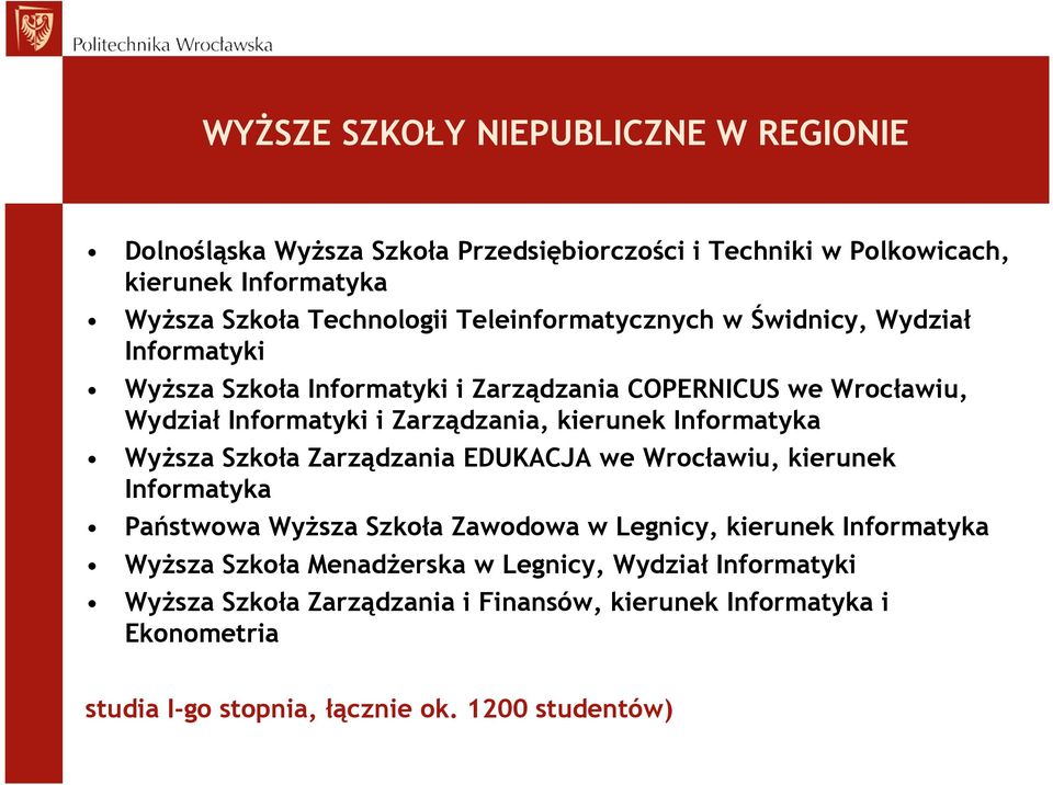 Informatyka Wyższa Szkoła Zarządzania EDUKACJA we Wrocławiu, kierunek Informatyka Państwowa Wyższa Szkoła Zawodowa w Legnicy, kierunek Informatyka Wyższa Szkoła