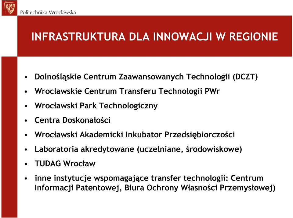 Inkubator Przedsiębiorczości Laboratoria akredytowane (uczelniane, środowiskowe) TUDAG Wrocław inne