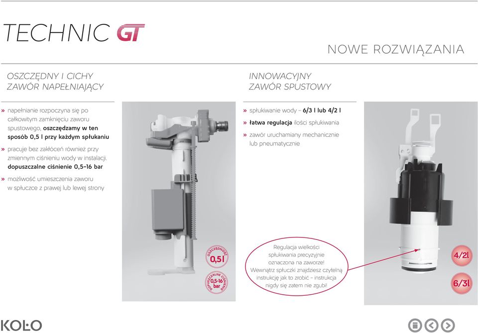 dopuszczalne ciśnienie 0,5 16 bar» spłukiwanie wody 6/3 l lub 4/2 l» łatwa regulacja ilości spłukiwania» zawór uruchamiany mechanicznie lub pneumatycznie» możliwość umieszczenia