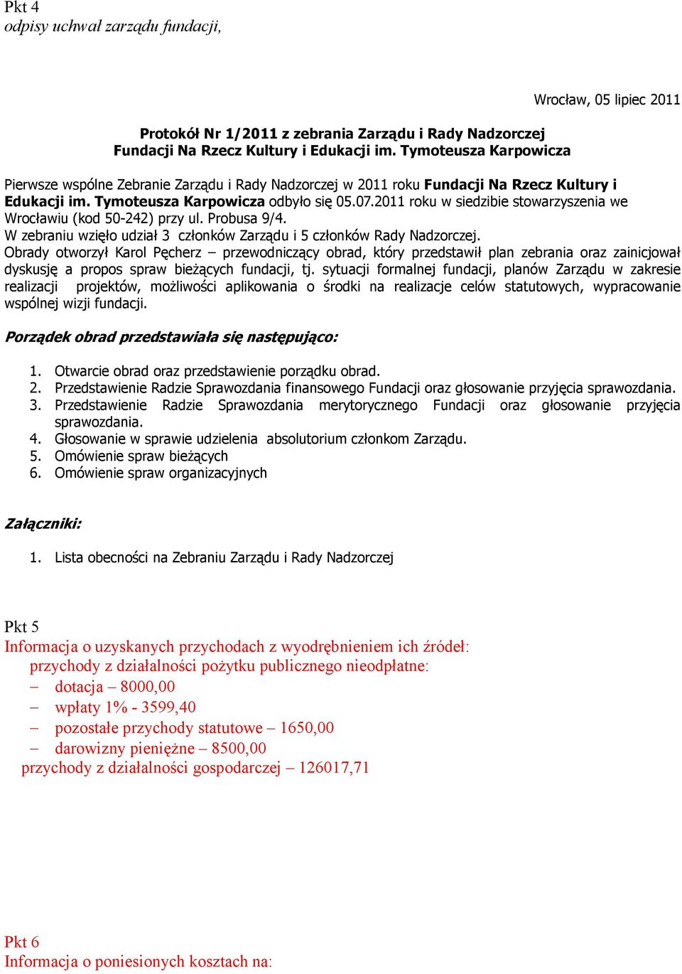 2011 roku w siedzibie stowarzyszenia we Wrocławiu (kod 50-242) przy ul. Probusa 9/4. W zebraniu wzięło udział 3 członków Zarządu i 5 członków Rady Nadzorczej.