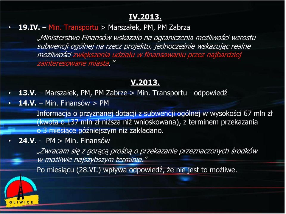 zwiększenia udziału w finansowaniu przez najbardziej zainteresowane miasta. V.2013. 13.V. Marszałek, PM, PM Zabrze > Min.