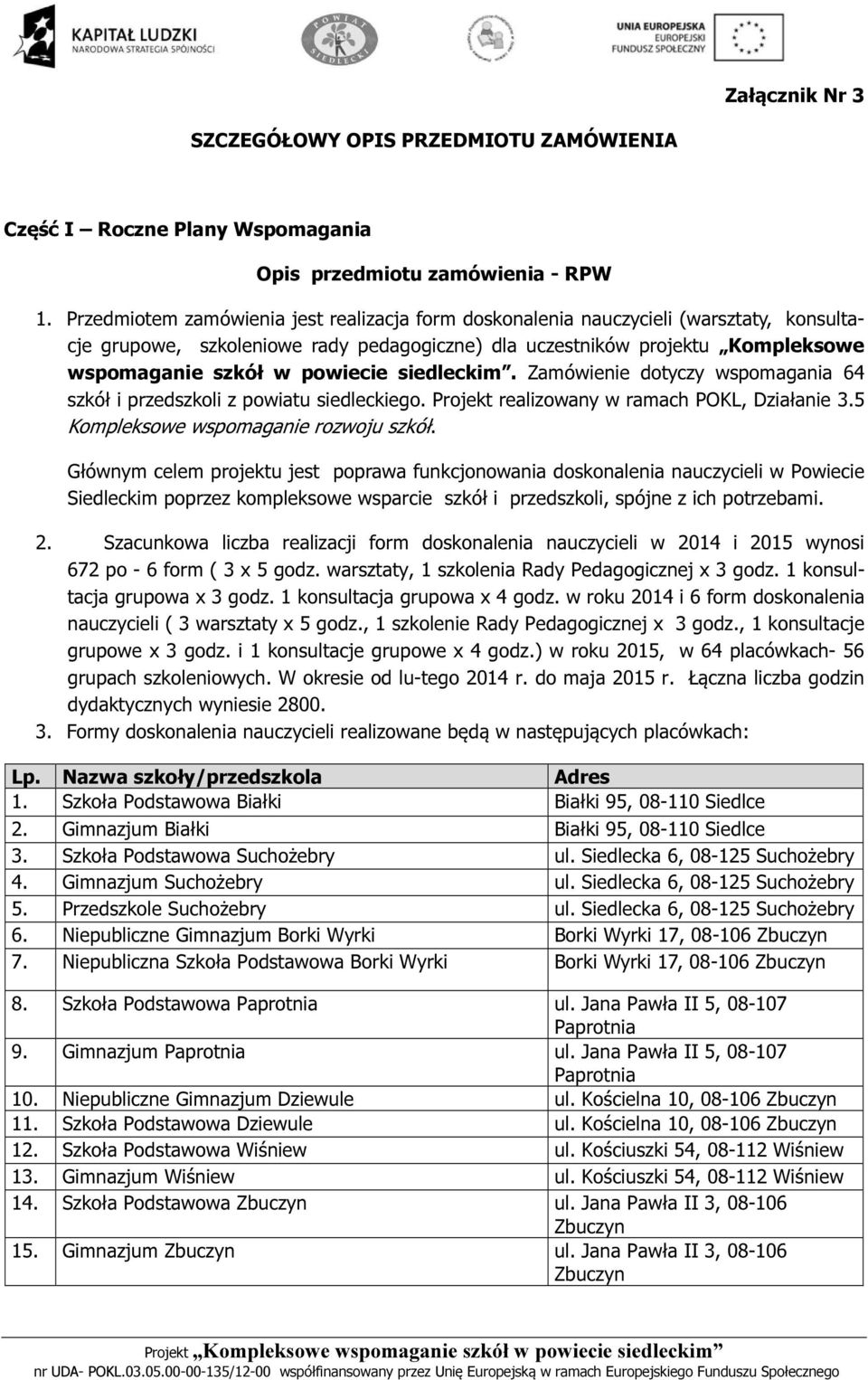 siedleckim. Zamówienie dotyczy wspomagania 64 szkół i przedszkoli z powiatu siedleckiego. Projekt realizowany w ramach POKL, Działanie 3.5 Kompleksowe wspomaganie rozwoju szkół.