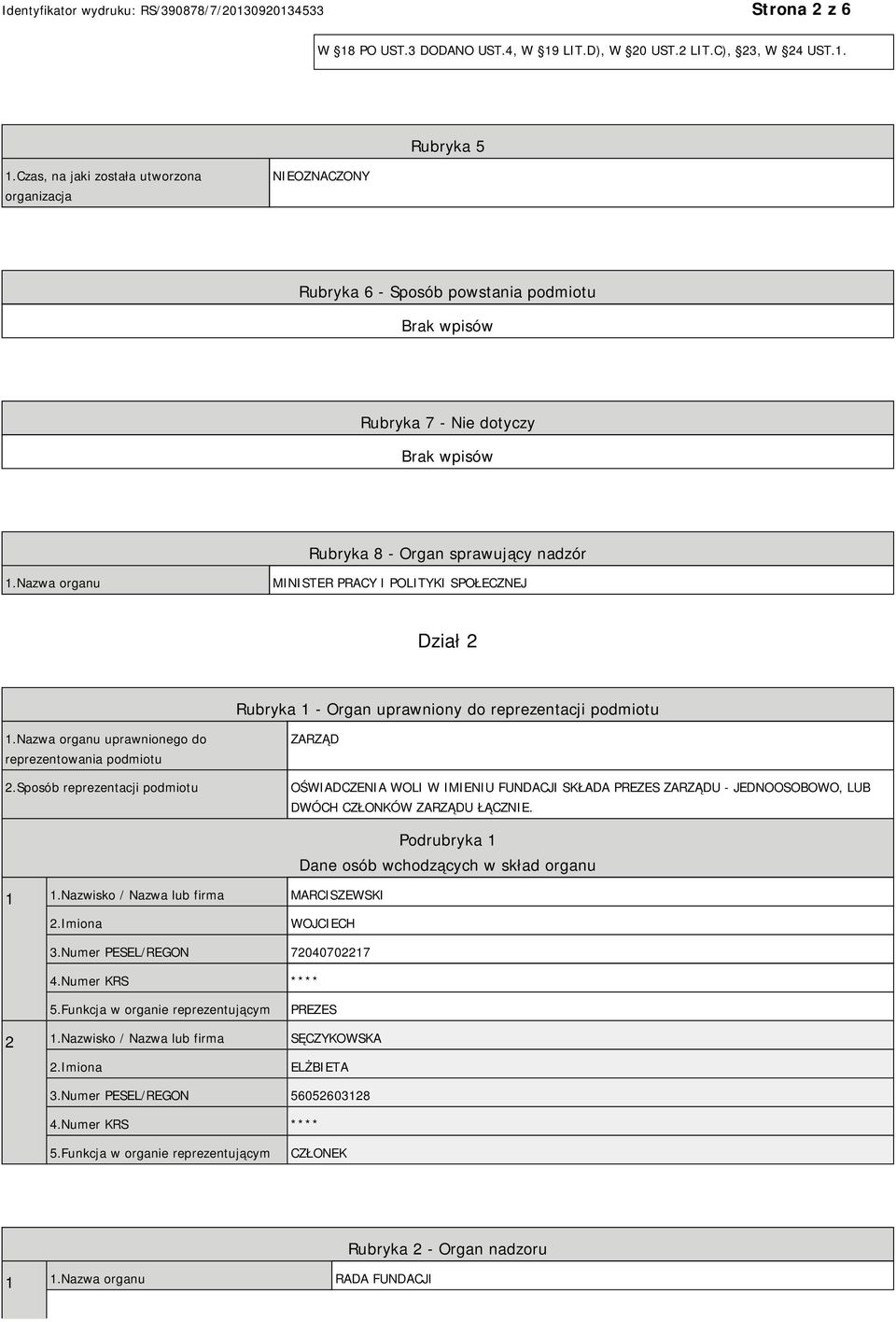 Nazwa organu MINISTER PRACY I POLITYKI SPOŁECZNEJ Dział 2 Rubryka 1 - Organ uprawniony do reprezentacji podmiotu 1.Nazwa organu uprawnionego do reprezentowania podmiotu 2.