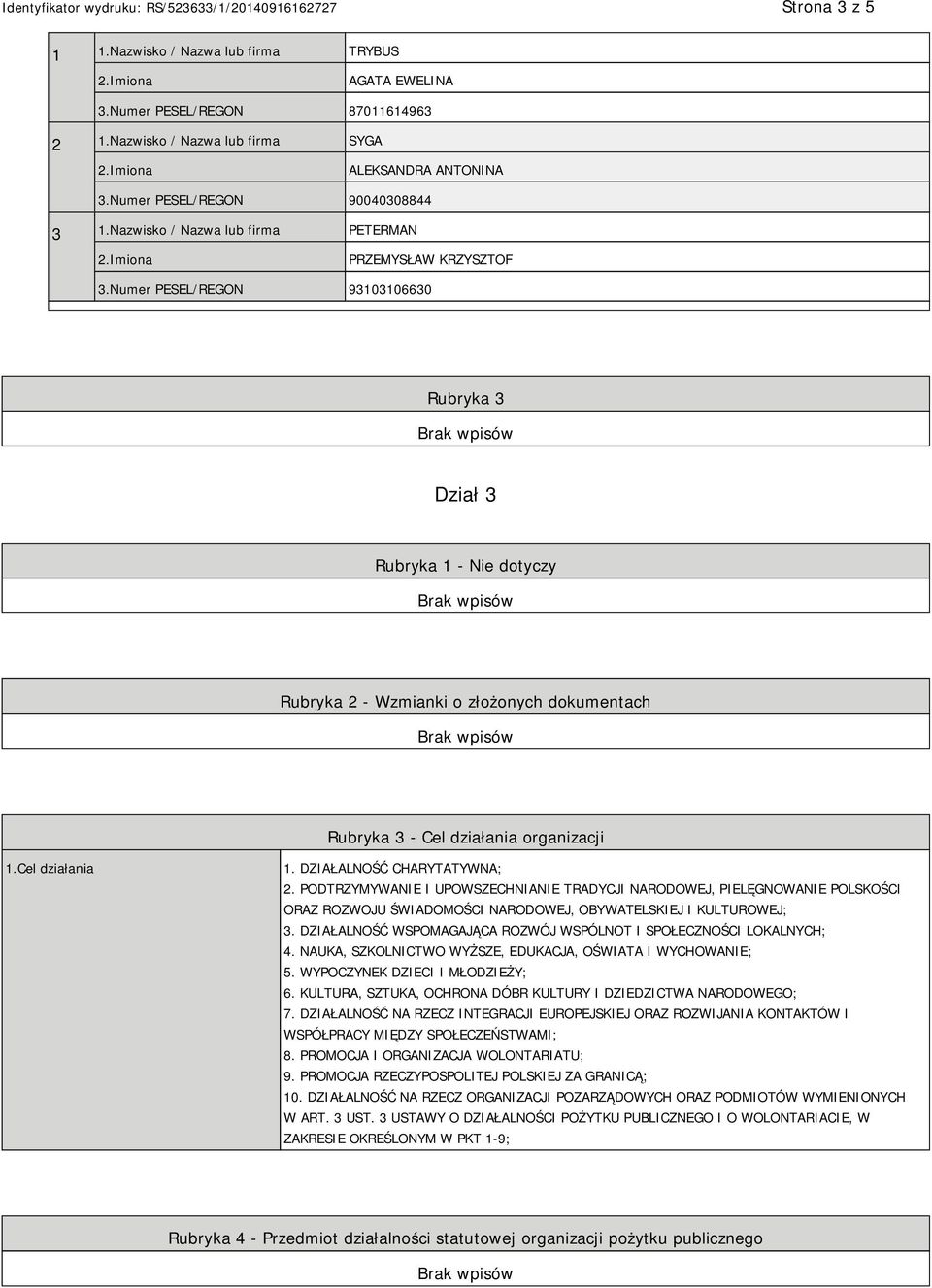 Numer PESEL/REGON 93103106630 Rubryka 3 Dział 3 Rubryka 1 - Nie dotyczy Rubryka 2 - Wzmianki o złożonych dokumentach Rubryka 3 - Cel działania organizacji 1.Cel działania 1.