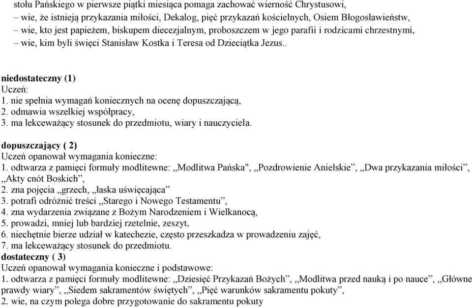 nie spełnia wymagań koniecznych na ocenę dopuszczającą, 2. odmawia wszelkiej współpracy, 3. ma lekceważący stosunek do przedmiotu, wiary i nauczyciela.