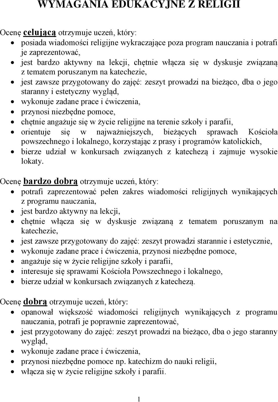 przynosi niezbędne pomoce, chętnie angażuje się w życie religijne na terenie szkoły i parafii, orientuje się w najważniejszych, bieżących sprawach Kościoła powszechnego i lokalnego, korzystając z