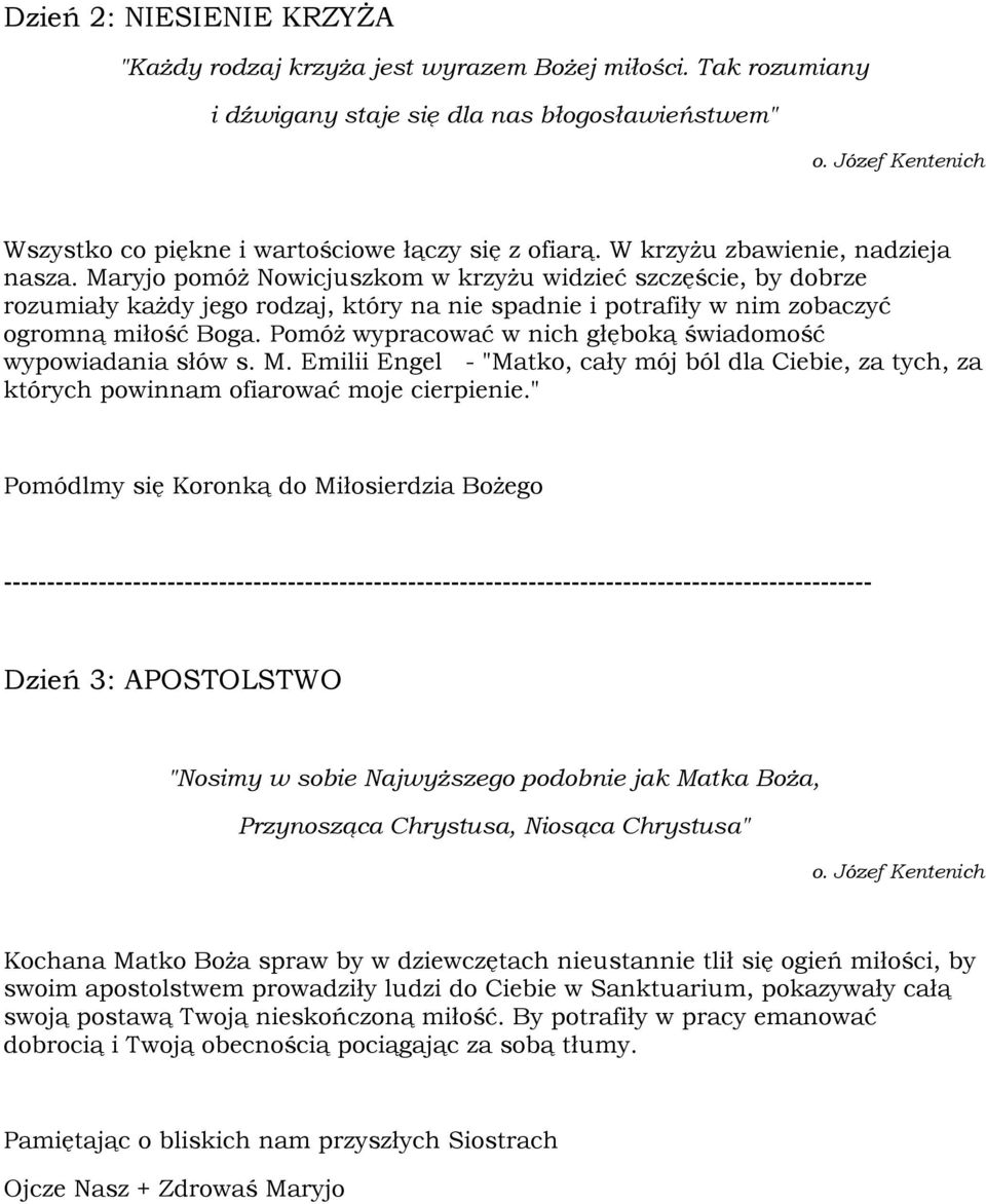 Pomóż wypracować w nich głęboką świadomość wypowiadania słów s. M. Emilii Engel - "Matko, cały mój ból dla Ciebie, za tych, za których powinnam ofiarować moje cierpienie.