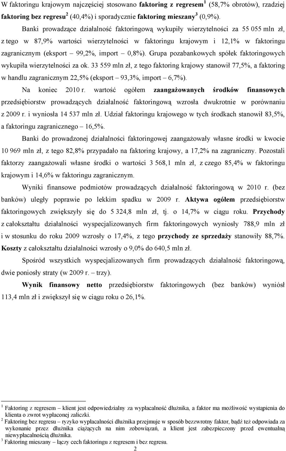 Grupa pozabankowych spółek faktoringowych wykupiła wierzytelności za ok. 33 559 mln zł, z tego faktoring krajowy stanowił 77,5%, a faktoring w handlu zagranicznym,5% (eksport 93,3%, import 6,7%).