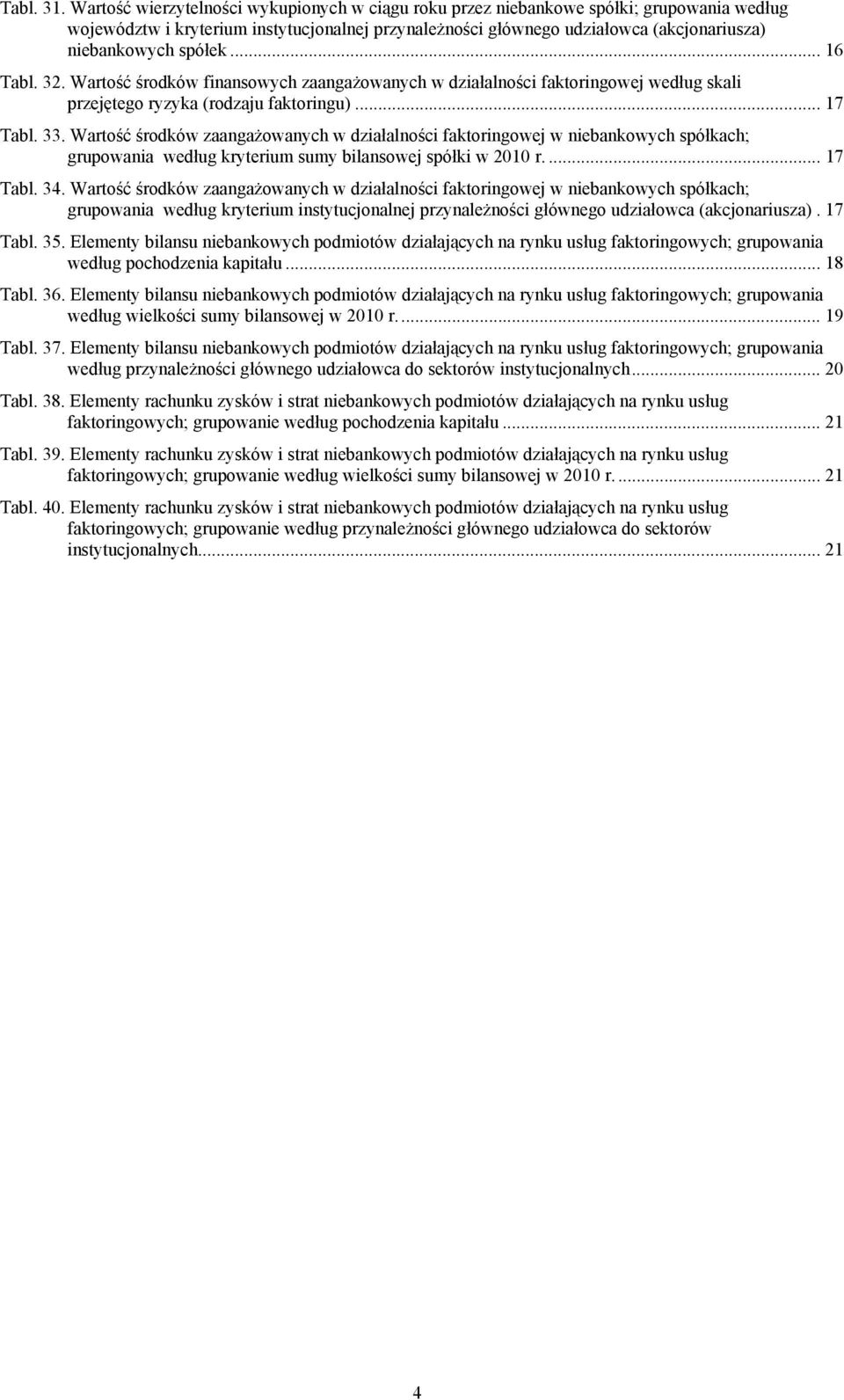 spółek... 16 Tabl. 3. Wartość środków finansowych zaangażowanych w działalności faktoringowej według skali przejętego ryzyka (rodzaju faktoringu)... 17 Tabl. 33.