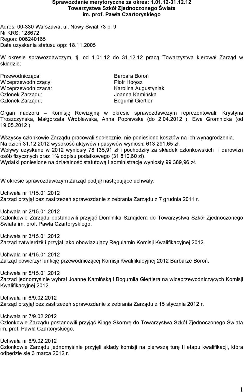 672 Regon: 006240165 Data uzyskania statusu opp: 18.11.2005 W okresie sprawozdawczym, tj. od 1.01.12 