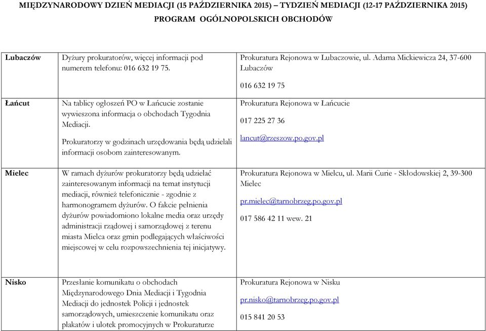 W ramach dyżurów prokuratorzy będą udzielać zainteresowanym informacji na temat instytucji mediacji, również telefonicznie - zgodnie z harmonogramem dyżurów.