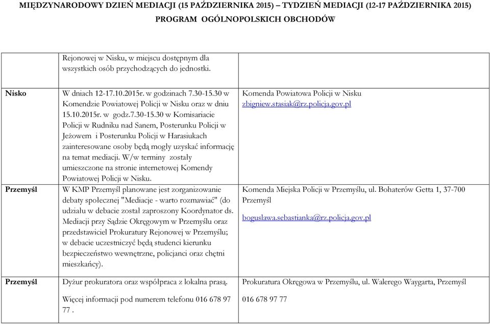 30 w Komisariacie Policji w Rudniku nad Sanem, Posterunku Policji w Jeżowem i Posterunku Policji w Harasiukach zainteresowane osoby będą mogły uzyskać informację na temat mediacji.