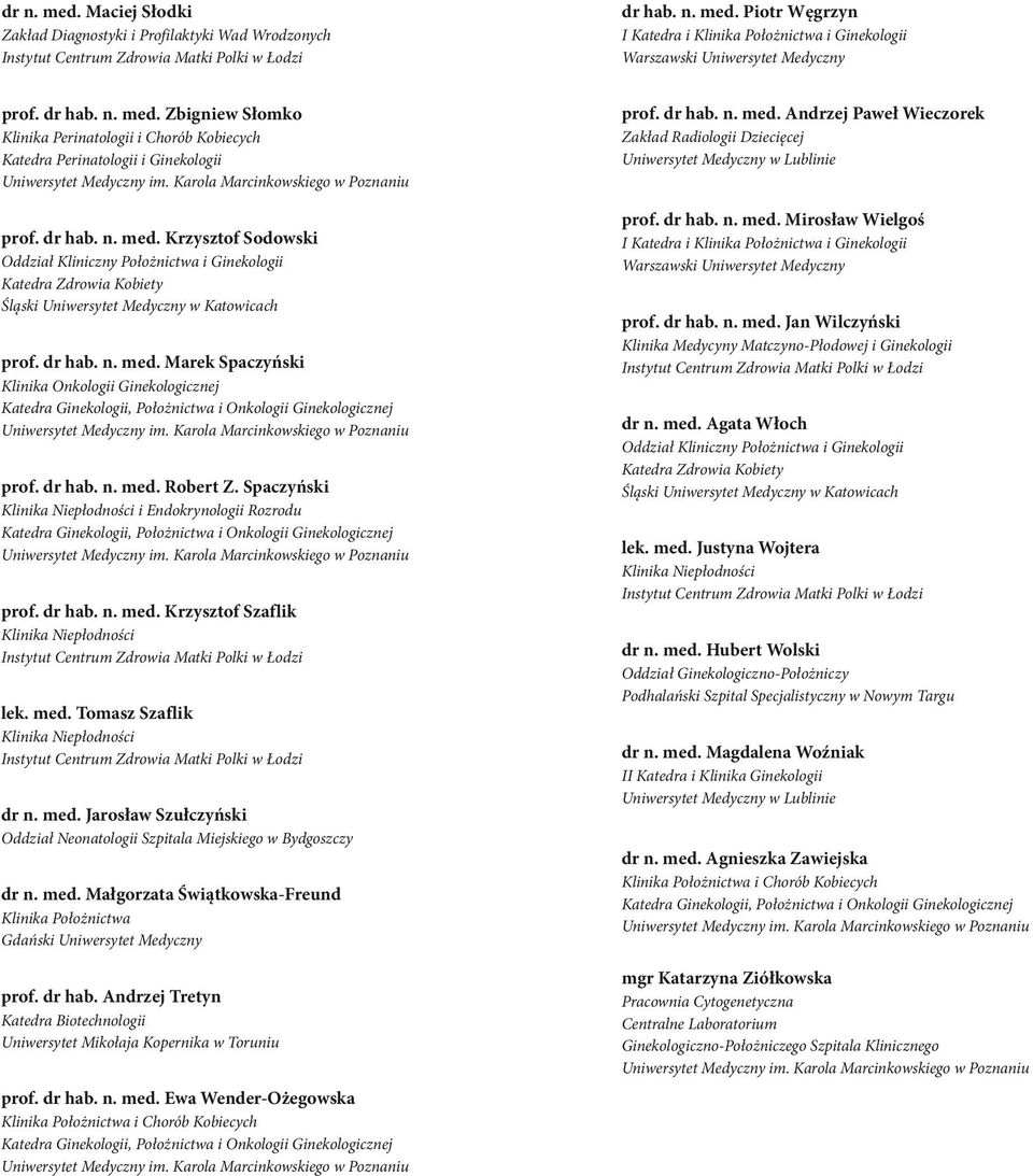 dr hab. n. med. Robert Z. Spaczyñski Klinika Niep³odnoœci i Endokrynologii Rozrodu prof. dr hab. n. med. Krzysztof Szaflik Klinika Niep³odnoœci lek. med. Tomasz Szaflik Klinika Niep³odnoœci dr n. med. Jarosùaw Szuùczyñski Oddziaù Neonatologii Szpitala Miejskiego w Bydgoszczy dr n.