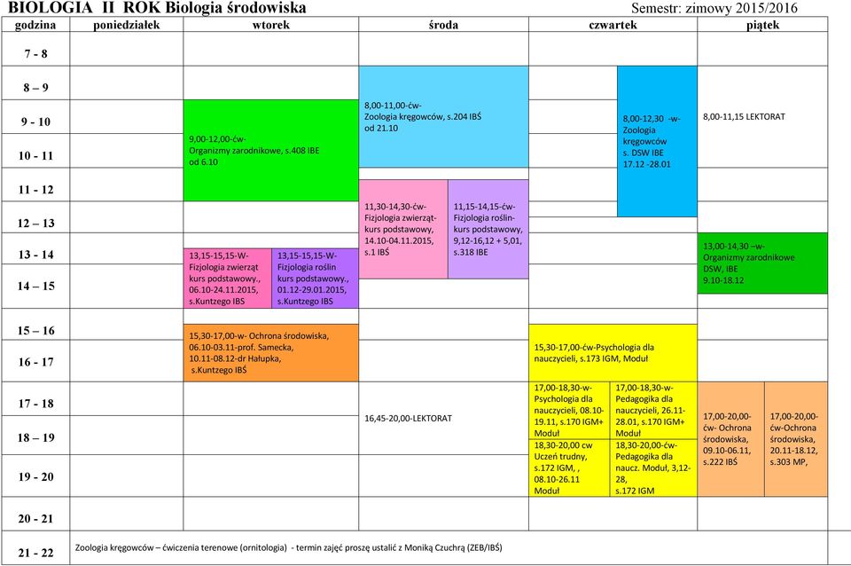 01.2015, s.kuntzego IBS 11,30-14,30- Fizjologia kurs podstawowy, 14.10-04.11.2015, s.1 IBŚ 11,15-14,15- Fizjologia roślinkurs podstawowy, 9,12-16,12 + 5,01, s.