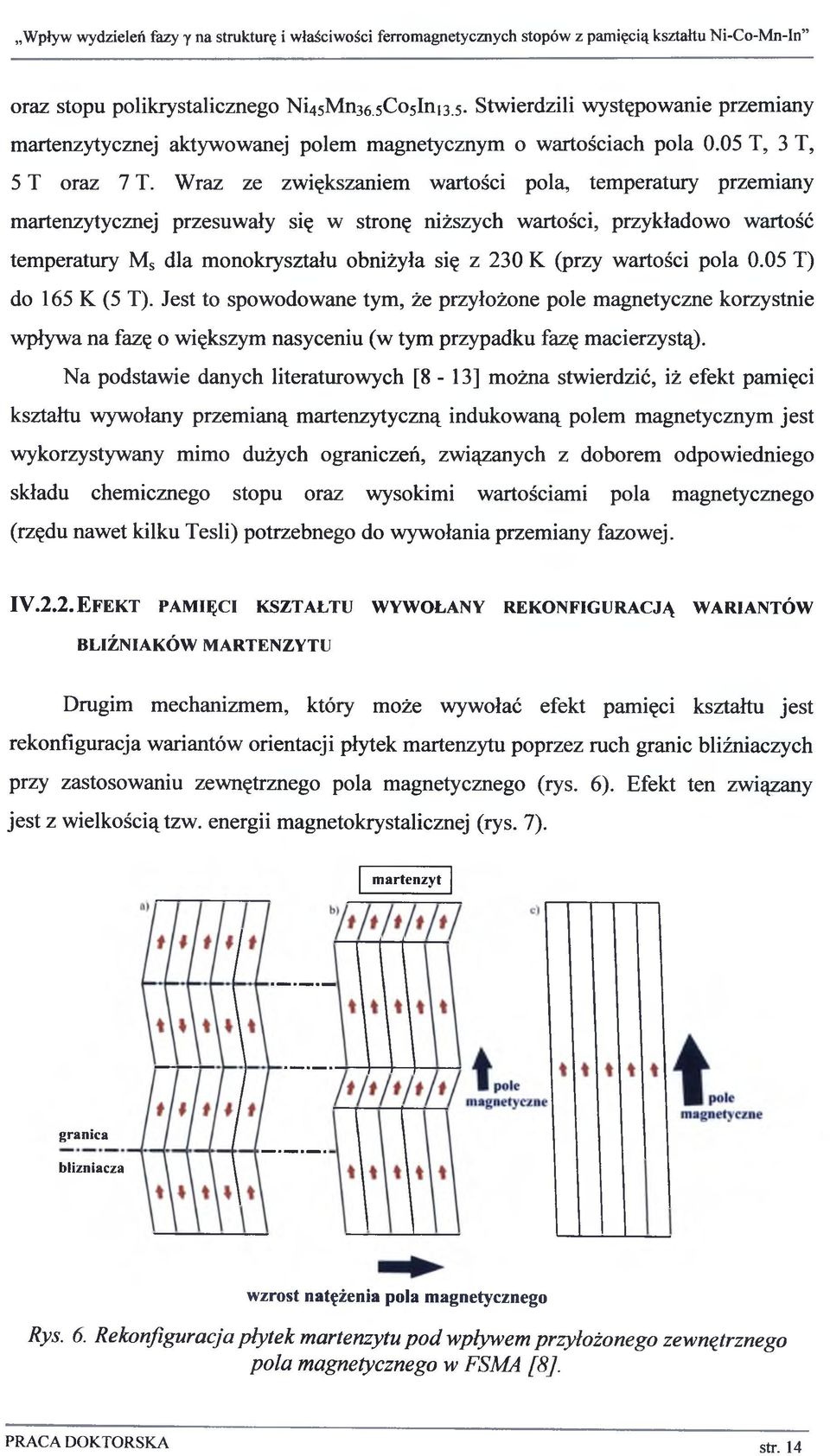 wartości pola 0.05 T) do 165 K (5 T). Jest to spowodowane tym, że przyłożone pole magnetyczne korzystnie wpływa na fazę o większym nasyceniu (w tym przypadku fazę macierzystą).
