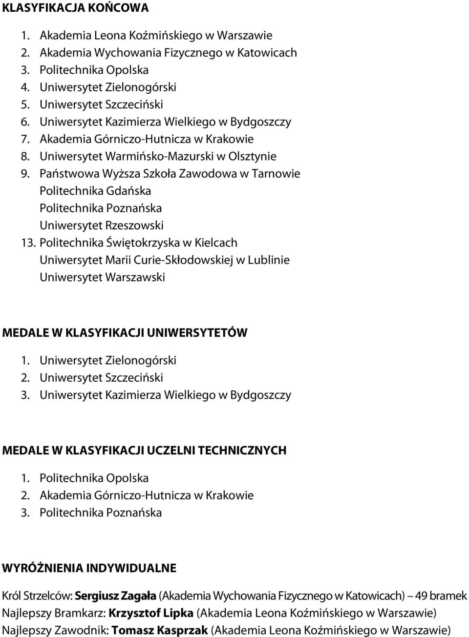 Państwowa Wyższa Szkoła Zawodowa w Tarnowie Politechnika Gdańska Politechnika Poznańska Uniwersytet Rzeszowski 13.