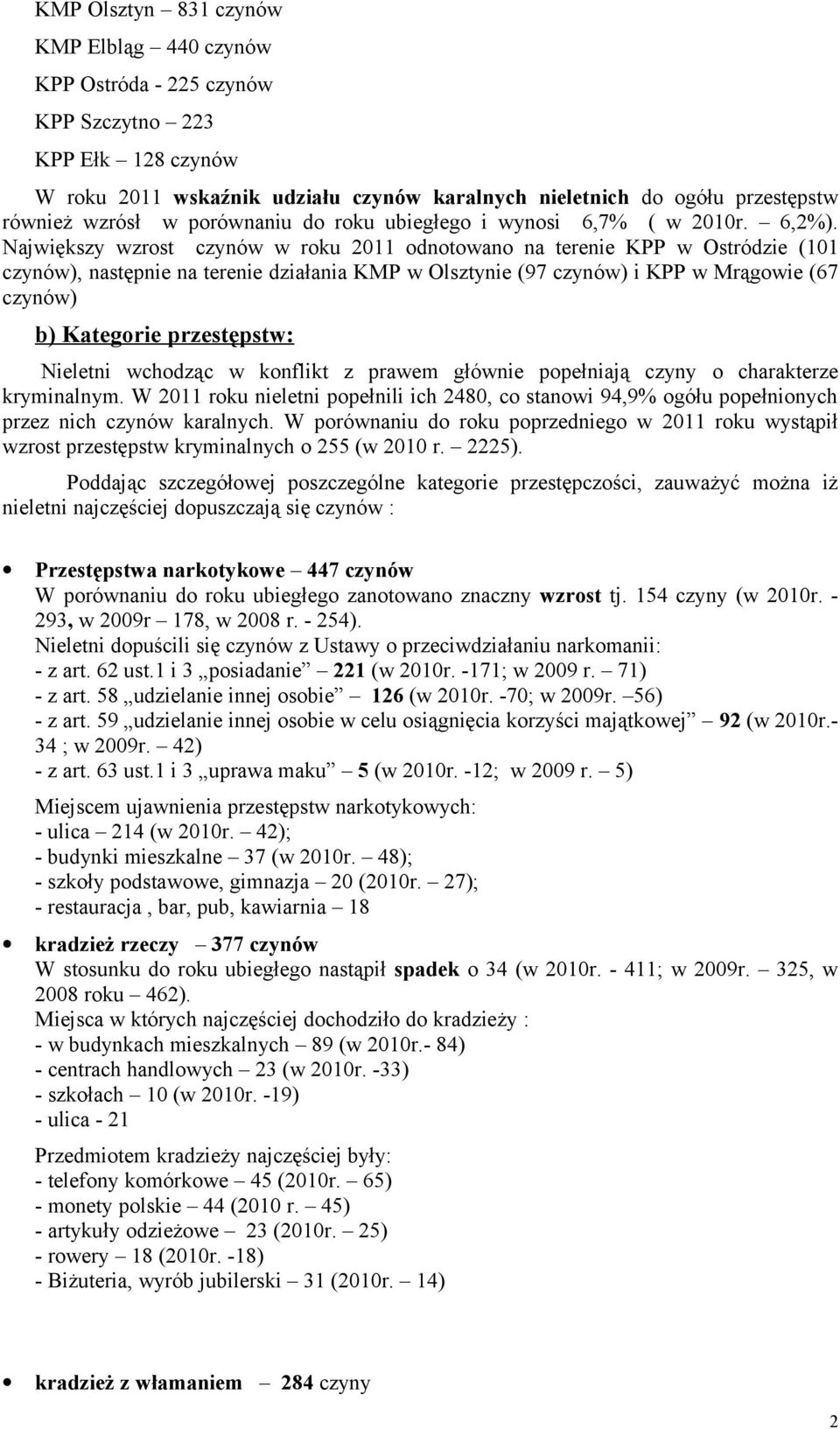 Największy wzrost ów w roku 2011 odnotowano na terenie KPP w Ostródzie (101 ów), następnie na terenie działania KMP w Olsztynie (97 ów) i KPP w Mrągowie (67 ów) b) Kategorie przestępstw: Nieletni