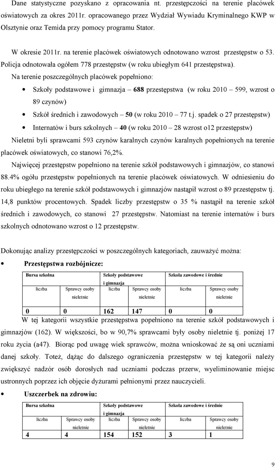 Policja odnotowała ogółem 778 przestępstw (w roku ubiegłym 641 przestępstwa).
