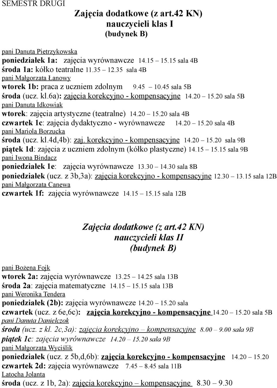 20 sala 5B pani Danuta Idkowiak wtorek: zajęcia artystyczne (teatralne) 14.20 15.20 sala 4B czwartek 1c: zajęcia dydaktyczno - wyrównawcze 14.20 15.20 sala 4B pani Mariola Borzucka środa (ucz. kl.