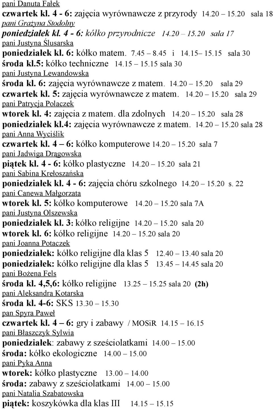 5: zajęcia wyrównawcze z matem. 14.20 15.20 sala 29 pani Patrycja Polaczek wtorek kl. 4: zajęcia z matem. dla zdolnych 14.20 15.20 sala 28 poniedziałek kl.4: zajęcia wyrównawcze z matem. 14.20 15.20 sala 28 pani Anna Wyciślik czwartek kl.