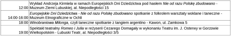 Niepodległości 15 Europejskie Dni Dziedzictwa - Nie od razu Polskę zbudowano spotkanie z folkrolem warsztaty woklane i taneczne - Muzeum