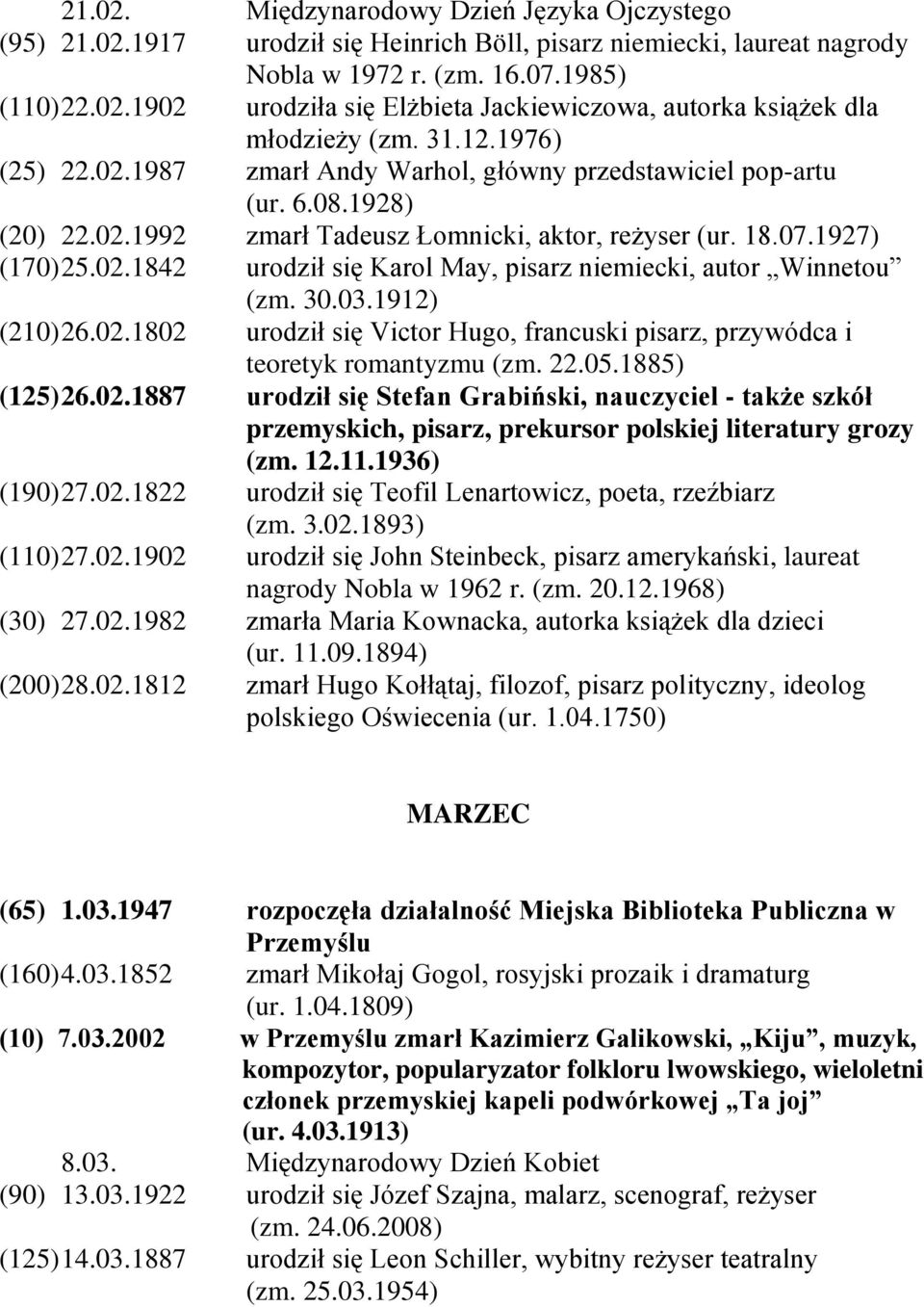 30.03.1912) (210) 26.02.1802 urodził się Victor Hugo, francuski pisarz, przywódca i teoretyk romantyzmu (zm. 22.05.1885) (125) 26.02.1887 urodził się Stefan Grabiński, nauczyciel - także szkół przemyskich, pisarz, prekursor polskiej literatury grozy (zm.