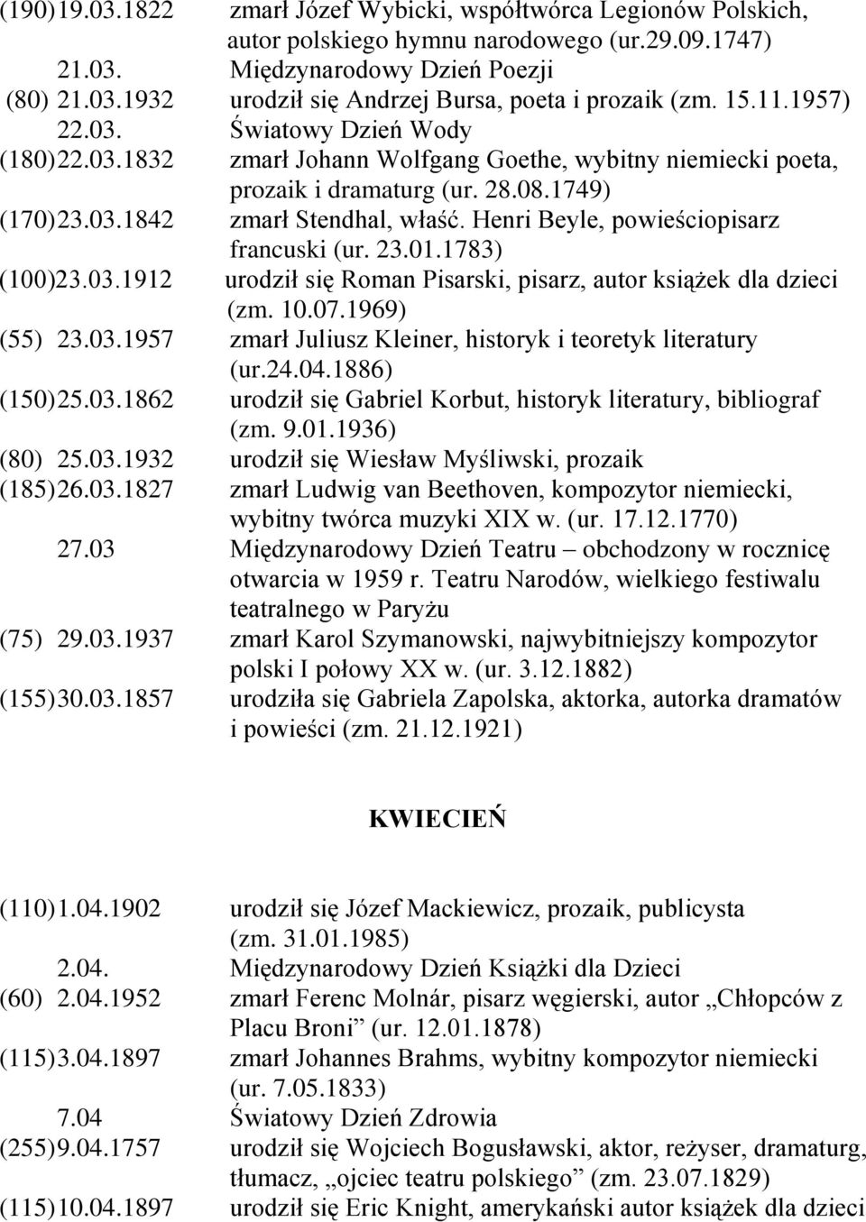 Henri Beyle, powieściopisarz francuski (ur. 23.01.1783) (100)23.03.1912 urodził się Roman Pisarski, pisarz, autor książek dla dzieci (zm. 10.07.1969) (55) 23.03.1957 zmarł Juliusz Kleiner, historyk i teoretyk literatury (ur.
