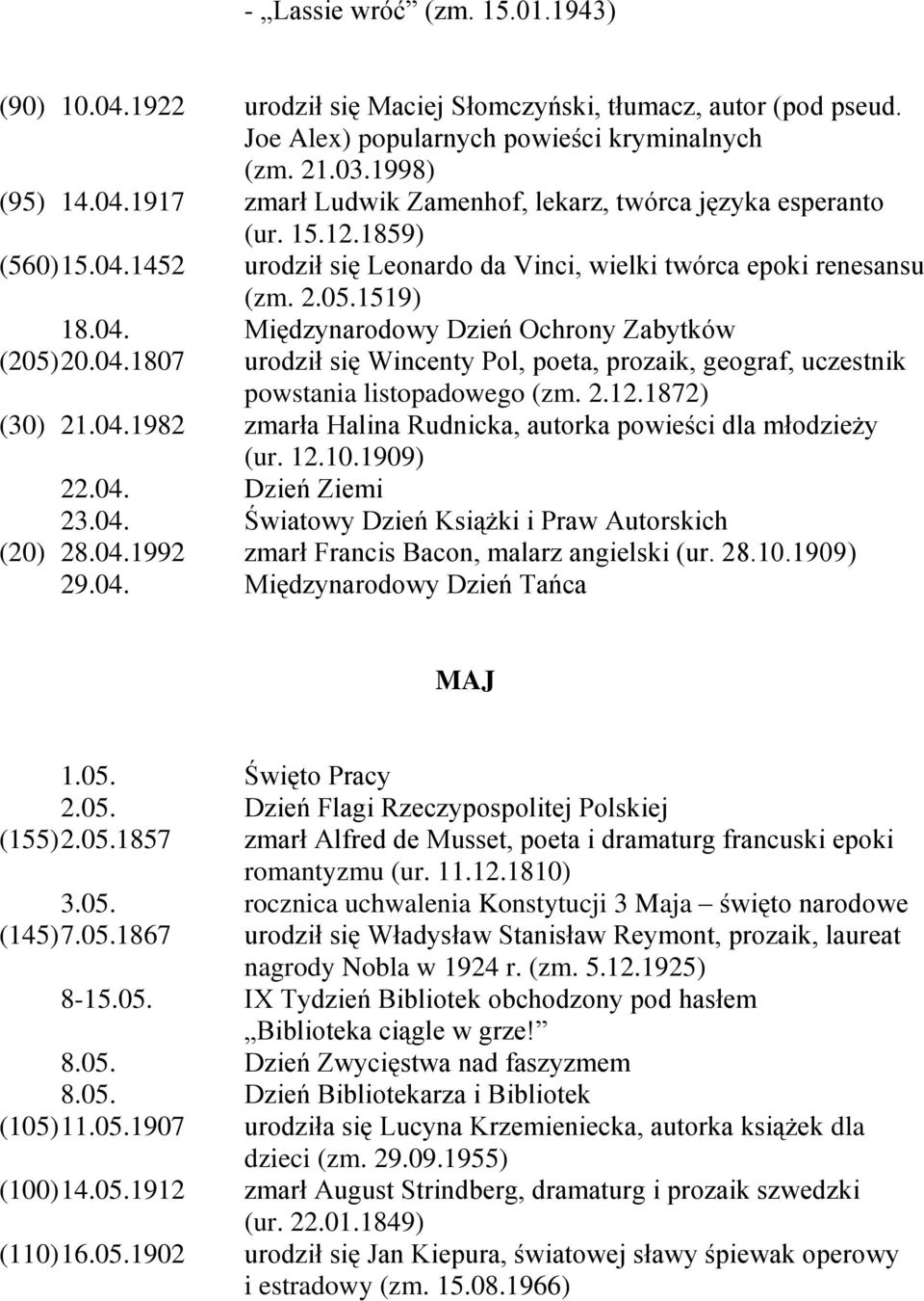 2.12.1872) (30) 21.04.1982 zmarła Halina Rudnicka, autorka powieści dla młodzieży (ur. 12.10.1909) 22.04. Dzień Ziemi 23.04. Światowy Dzień Książki i Praw Autorskich (20) 28.04.1992 zmarł Francis Bacon, malarz angielski (ur.