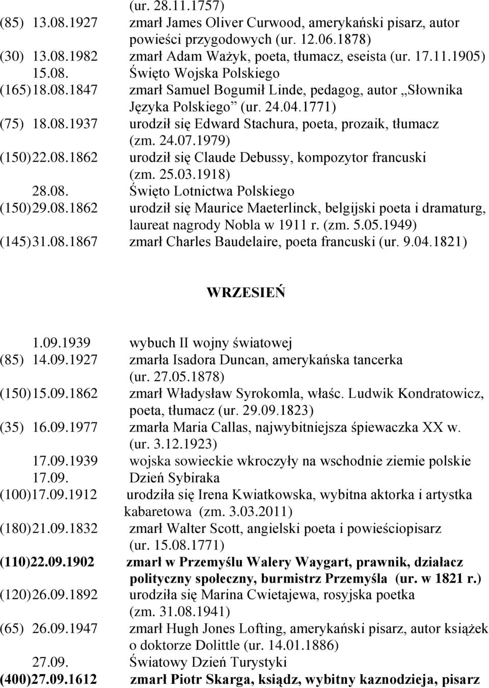 24.07.1979) (150) 22.08.1862 urodził się Claude Debussy, kompozytor francuski (zm. 25.03.1918) 28.08. Święto Lotnictwa Polskiego (150) 29.08.1862 urodził się Maurice Maeterlinck, belgijski poeta i dramaturg, laureat nagrody Nobla w 1911 r.