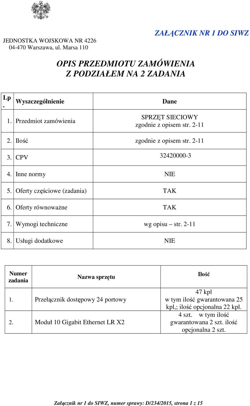 Oferty równoważne TAK 7. Wymogi techniczne wg opisu str. 2-11 8. Usługi dodatkowe NIE Numer zadania Nazwa sprzętu Ilość 1. Przełącznik dostępowy 24 portowy 2.