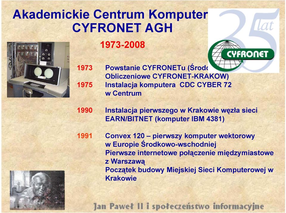 Krakowie węzła sieci EARN/BITNET (komputer IBM 4381) 1991 Convex 120 pierwszy komputer wektorowy w Europie