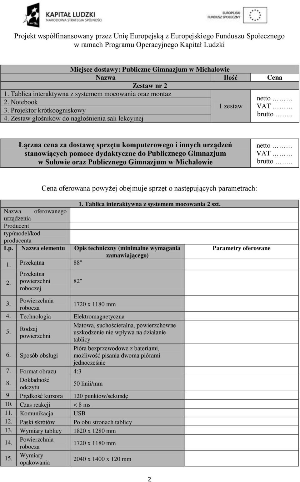 . Łączna cena za dostawę sprzętu komputerowego i innych urządzeń stanowiących pomoce dydaktyczne do Publicznego Gimnazjum w Sułowie oraz Publicznego Gimnazjum w Michalowie netto VAT brutto.