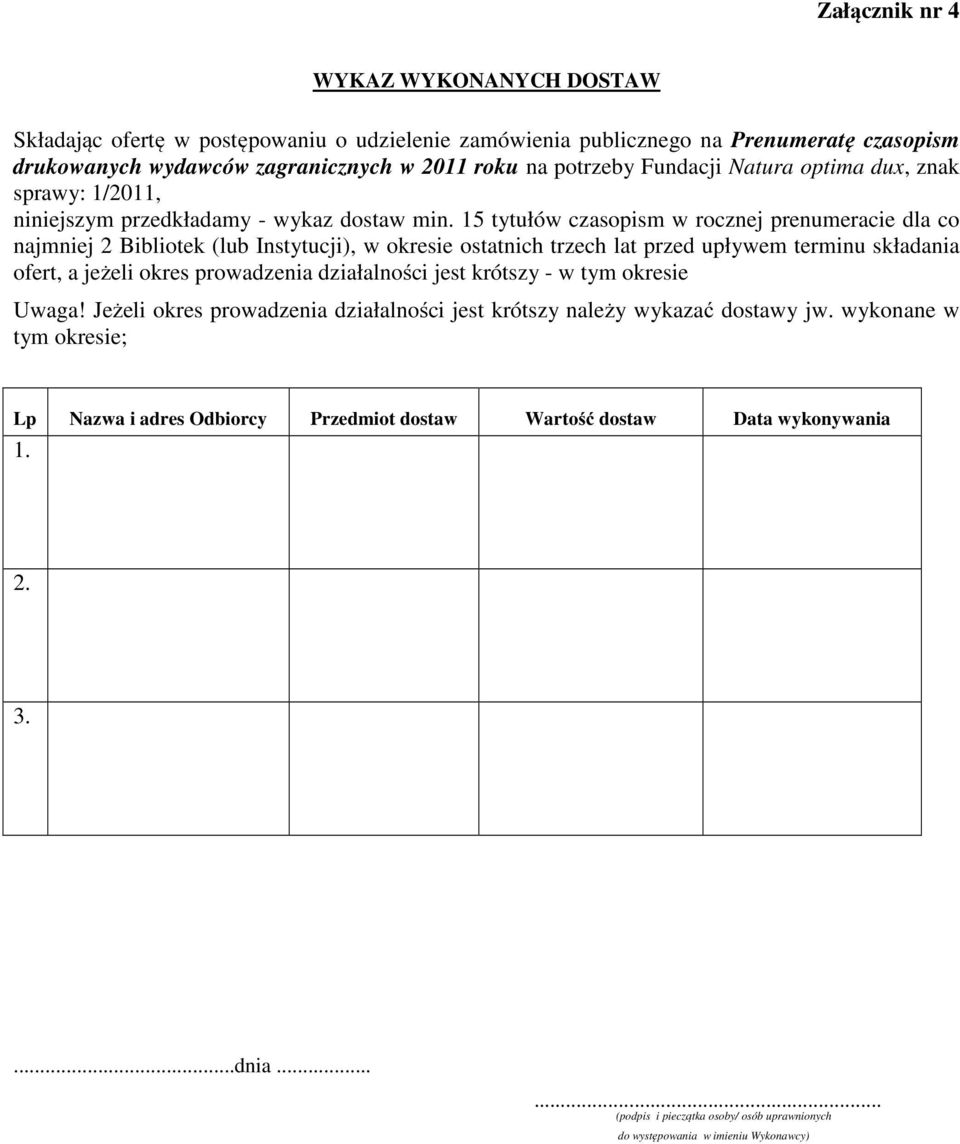 15 tytułów czasopism w rocznej prenumeracie dla co najmniej 2 Bibliotek (lub Instytucji), w okresie ostatnich trzech lat przed upływem terminu składania ofert, a jeżeli okres prowadzenia działalności