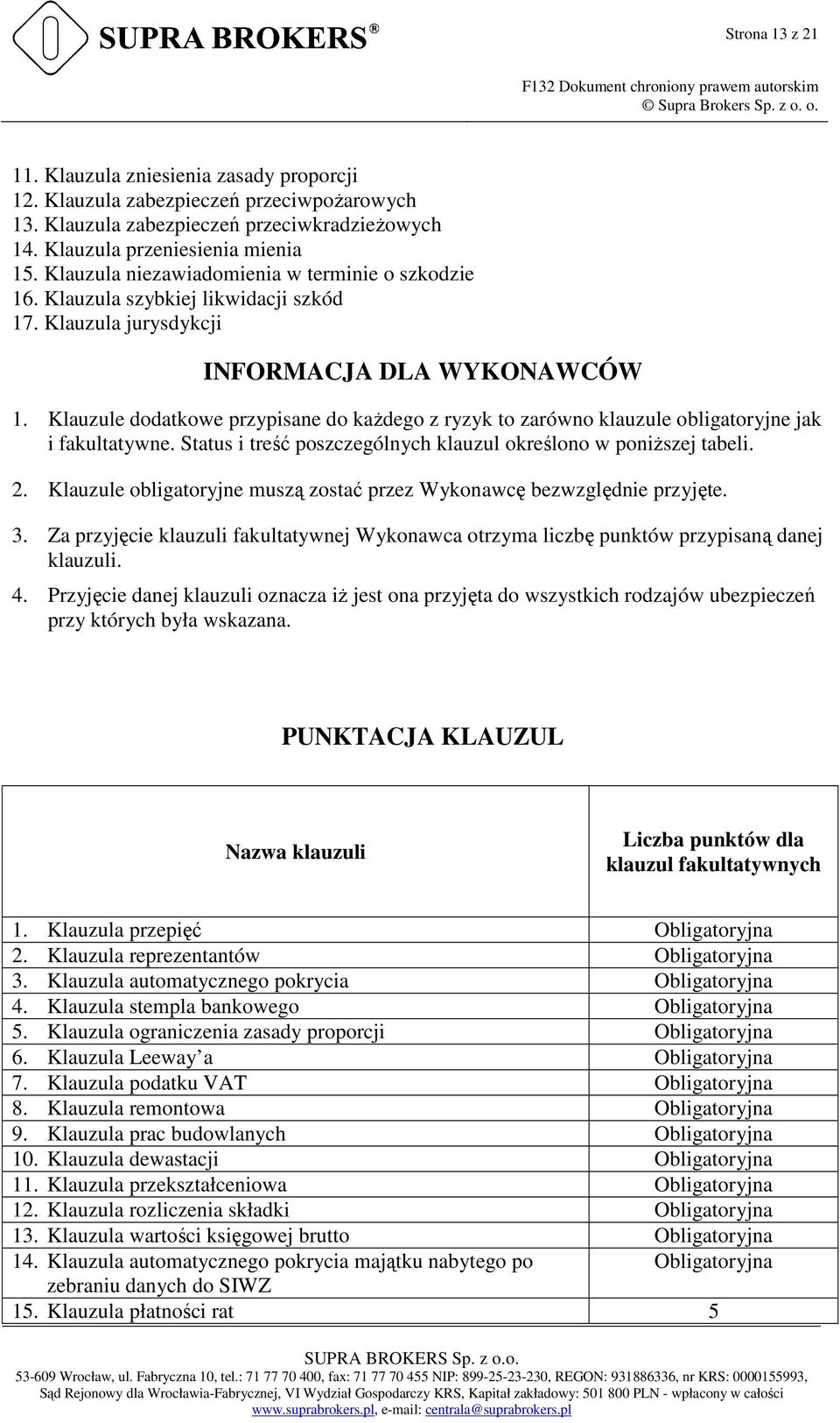 Klauzule dodatkowe przypisane do każdego z ryzyk to zarówno klauzule obligatoryjne jak i fakultatywne. Status i treść poszczególnych klauzul określono w poniższej tabeli. 2.