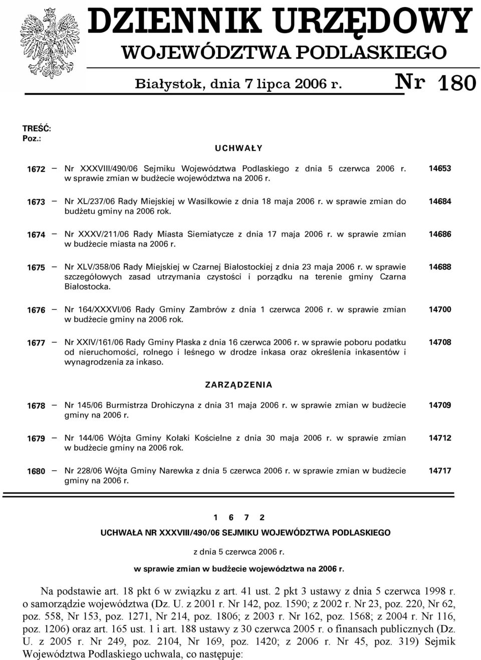 1674 Nr XXXV/211/06 Rady Miasta Siemiatycze z dnia 17 maja 2006 r. w sprawie zmian w budżecie miasta na 2006 r. 1675 Nr XLV/358/06 Rady Miejskiej w Czarnej Białostockiej z dnia 23 maja 2006 r.
