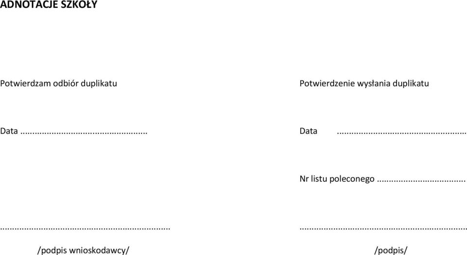 duplikatu Data... Data... Nr listu poleconego.