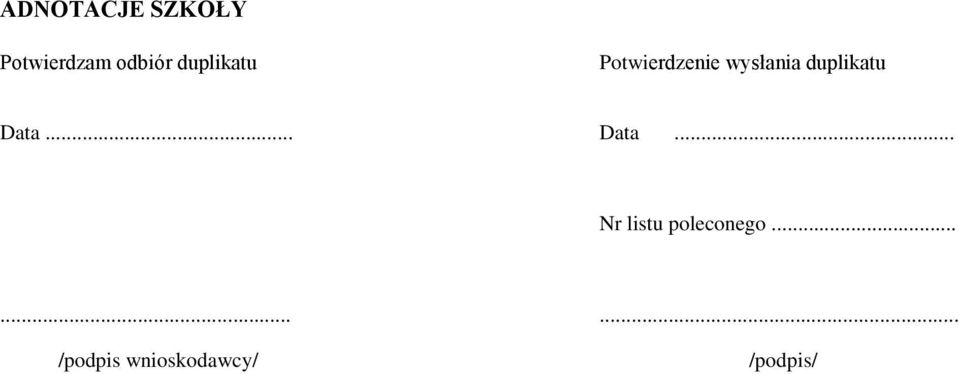 duplikatu Data... Data... Nr listu poleconego.