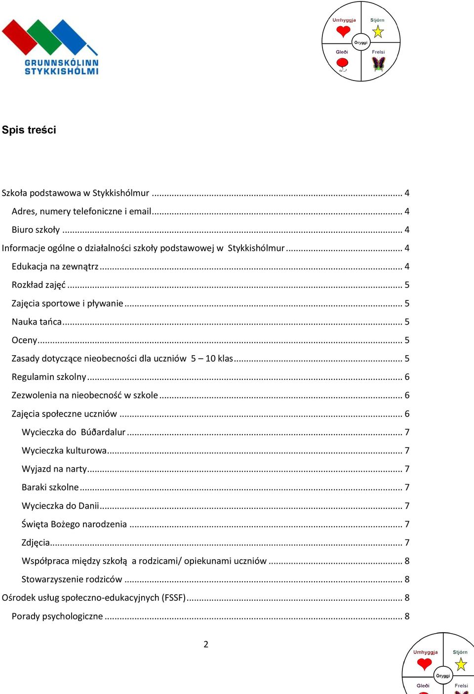.. 6 Zezwolenia na nieobecność w szkole... 6 Zajęcia społeczne uczniów... 6 Wycieczka do Búðardalur... 7 Wycieczka kulturowa... 7 Wyjazd na narty... 7 Baraki szkolne... 7 Wycieczka do Danii.