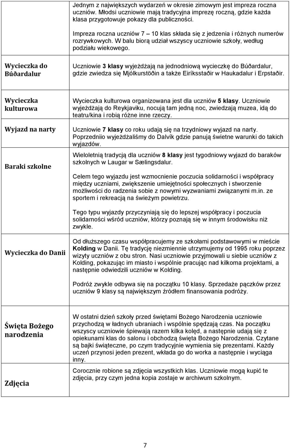 Wycieczka do Búðardalur Uczniowie 3 klasy wyjeżdżają na jednodniową wycieczkę do Búðardalur, gdzie zwiedza się Mjólkurstöðin a także Eiríksstaðir w Haukadalur i Erpstaðir.
