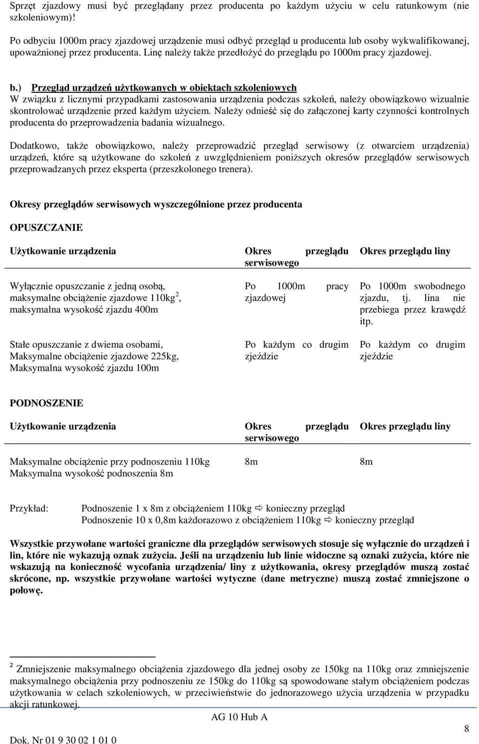 Linę należy także przedłożyć do przeglądu po 1000m pracy zjazdowej. b.