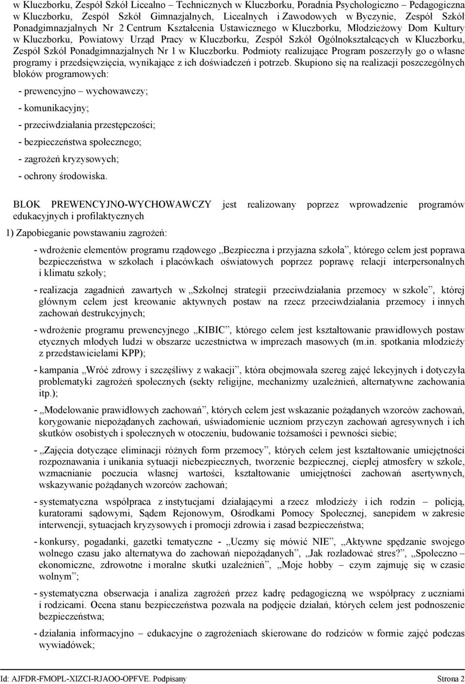 Szkół Ponadgimnazjalnych Nr 1 w Kluczborku. Podmioty realizujące Program poszerzyły go o własne programy i przedsięwzięcia, wynikające z ich doświadczeń i potrzeb.