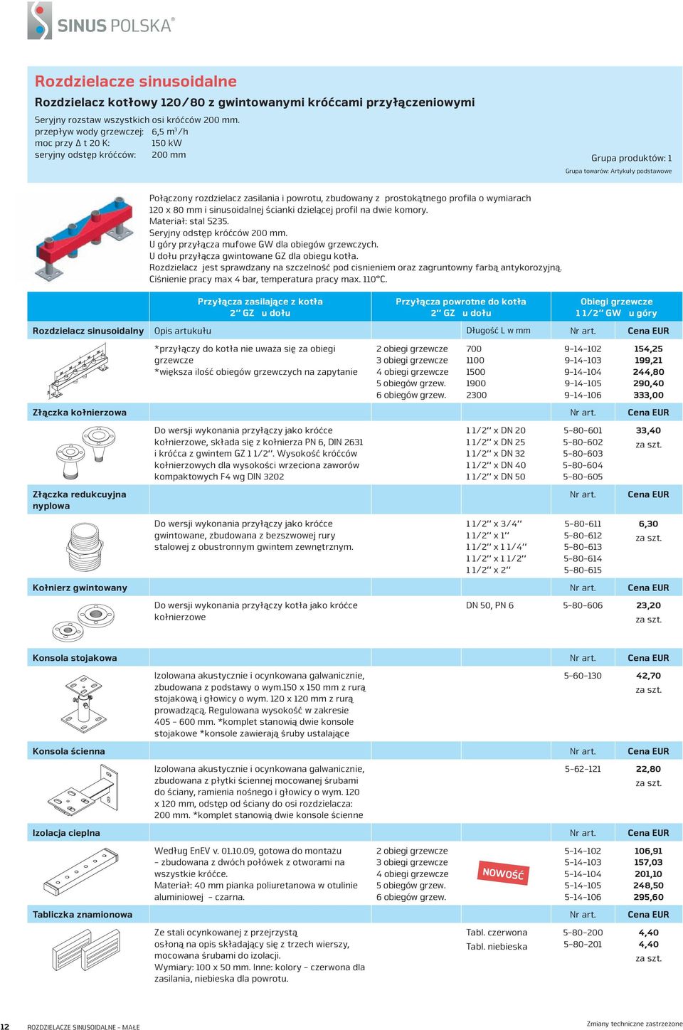 z prostokątnego profila o wymiarach 120 x 80 mm i sinusoidalnej ścianki dzielącej profil na dwie komory. Materiał: stal S235. Seryjny odstęp króćców 200 mm.