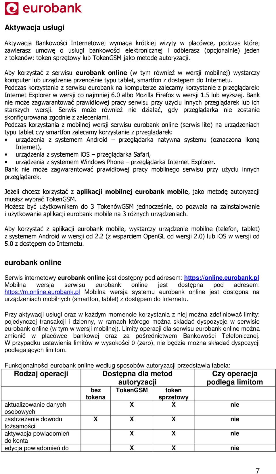 Aby korzystać z serwisu eurobank online (w tym również w wersji mobilnej) wystarczy komputer lub urządzenie przenośnie typu tablet, smartfon z dostępem do Internetu.