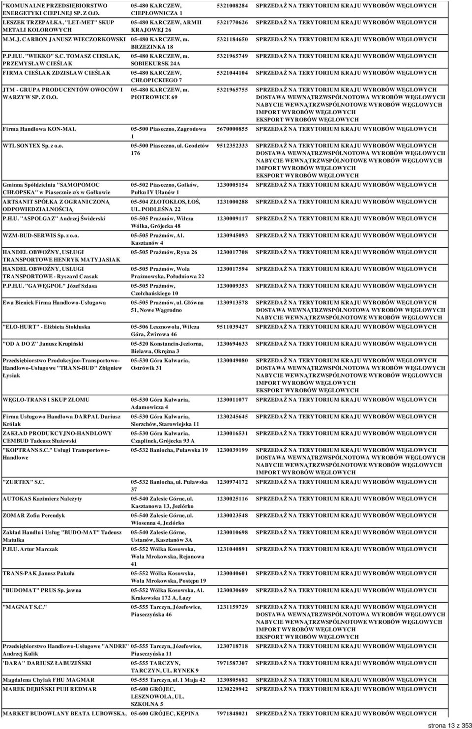 a KON-MAL WTL SONTEX Sp. z o.o. Gminna Spółdzielnia "SAMOPOMOC CHŁOPSKA" w Piasecznie z/s w Gołkowie ARTSANIT SPÓŁKA Z OGRANICZONĄ P.H.U. "ASPOLGAZ" Andrzej Świderski WZM-BUD-SERWIS Sp. z o.o. HANDEL OBWOŹNY, USŁUGI TRANSPORTOWE HENRYK MATYJASIAK HANDEL OBWOŹNY, USŁUGI TRANSPORTOWE - Ryszard Czasak P.