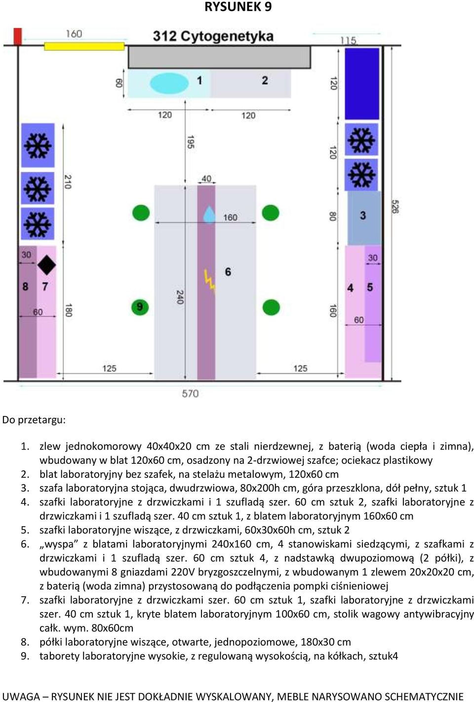 szafki laboratoryjne z drzwiczkami i 1 szufladą szer. 60 cm sztuk 2, szafki laboratoryjne z drzwiczkami i 1 szufladą szer. 40 cm sztuk 1, z blatem laboratoryjnym 160x60 cm 5.