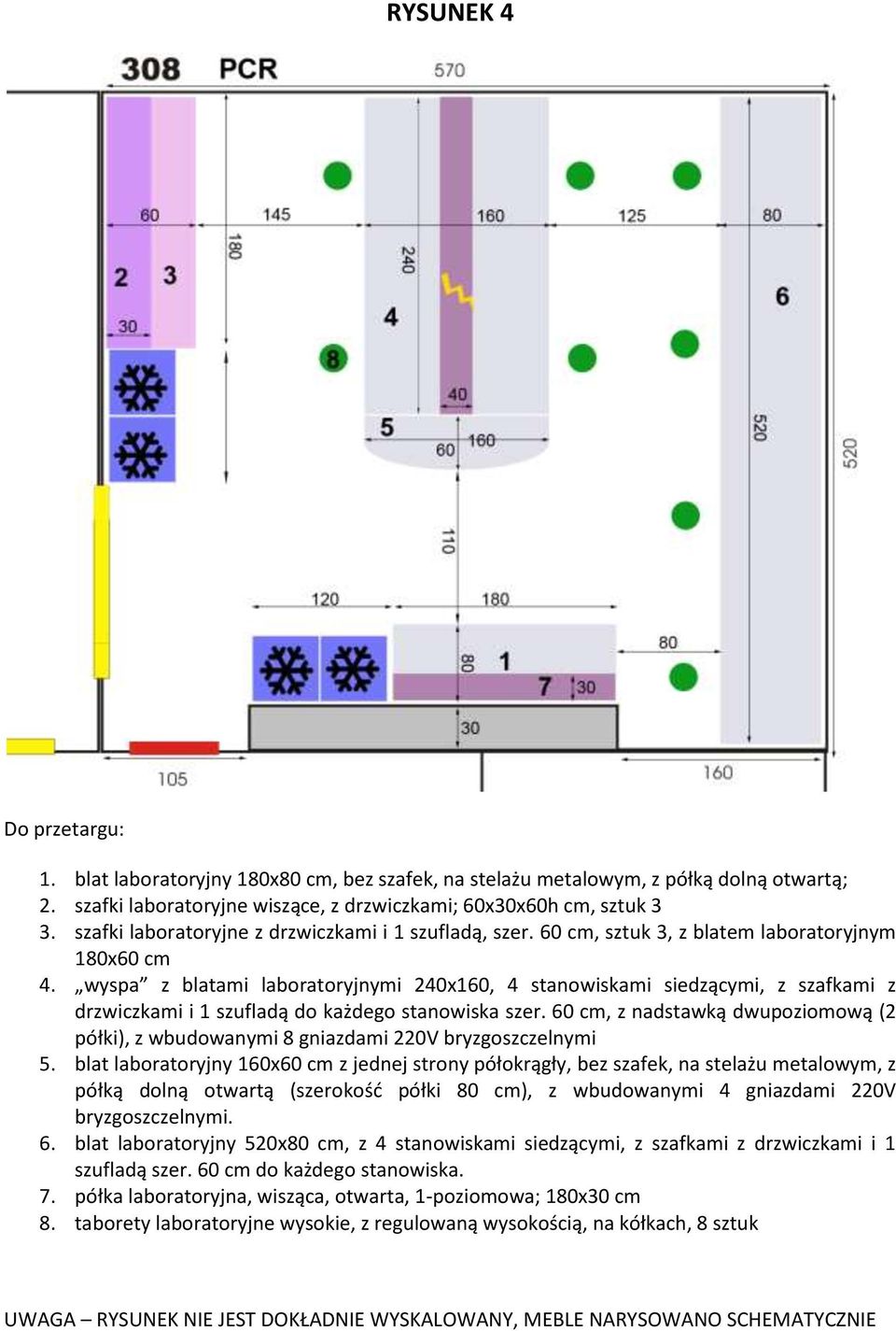 wyspa z blatami laboratoryjnymi 240x160, 4 stanowiskami siedzącymi, z szafkami z drzwiczkami i 1 szufladą do każdego stanowiska szer.