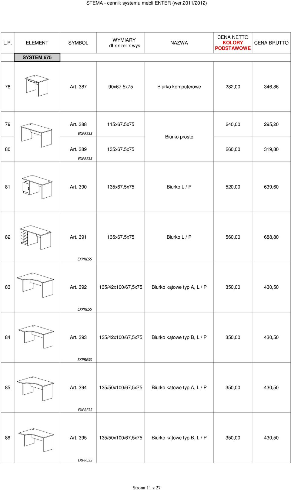 5x75 Biurko L / P 560,00 688,80 83 Art. 392 135/42x100/67,5x75 Biurko kątowe typ A, L / P 350,00 430,50 84 Art.